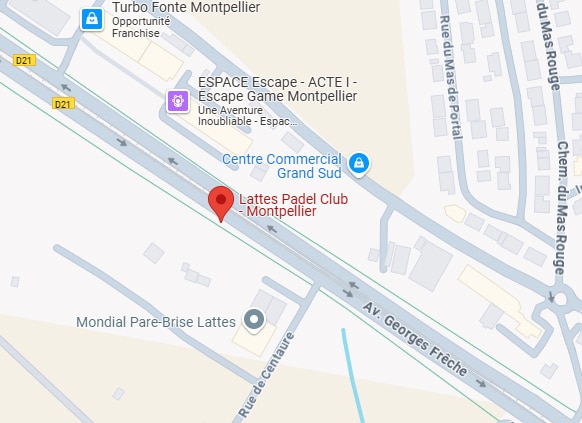 Localisation Lattes Padel Club Montpellier sur carte, près Av. Georges Frèche, Centre Commercial Grand Sud, Escape Game Montpellier.